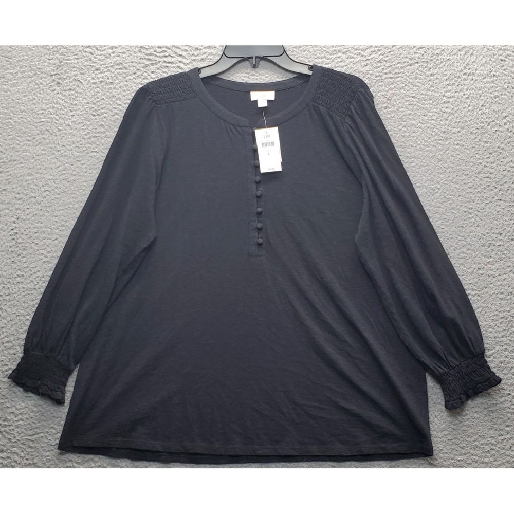 J. Jill Blouse Women L Black Long Sleeve Ruched Shoulder Round Neck Button Front
